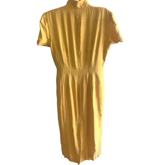 Vintage 90s Minimalist Silk Midi Dress Mustard Yellow Mandarin Collar Button 10 - Picture 5 of 7